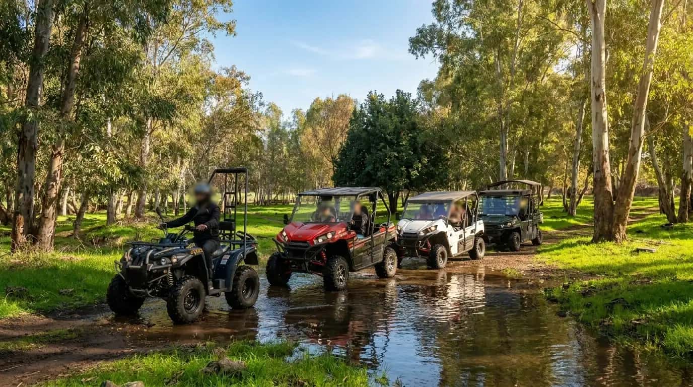 ATV convoy crossing a scenic nature route in the Golan Heights