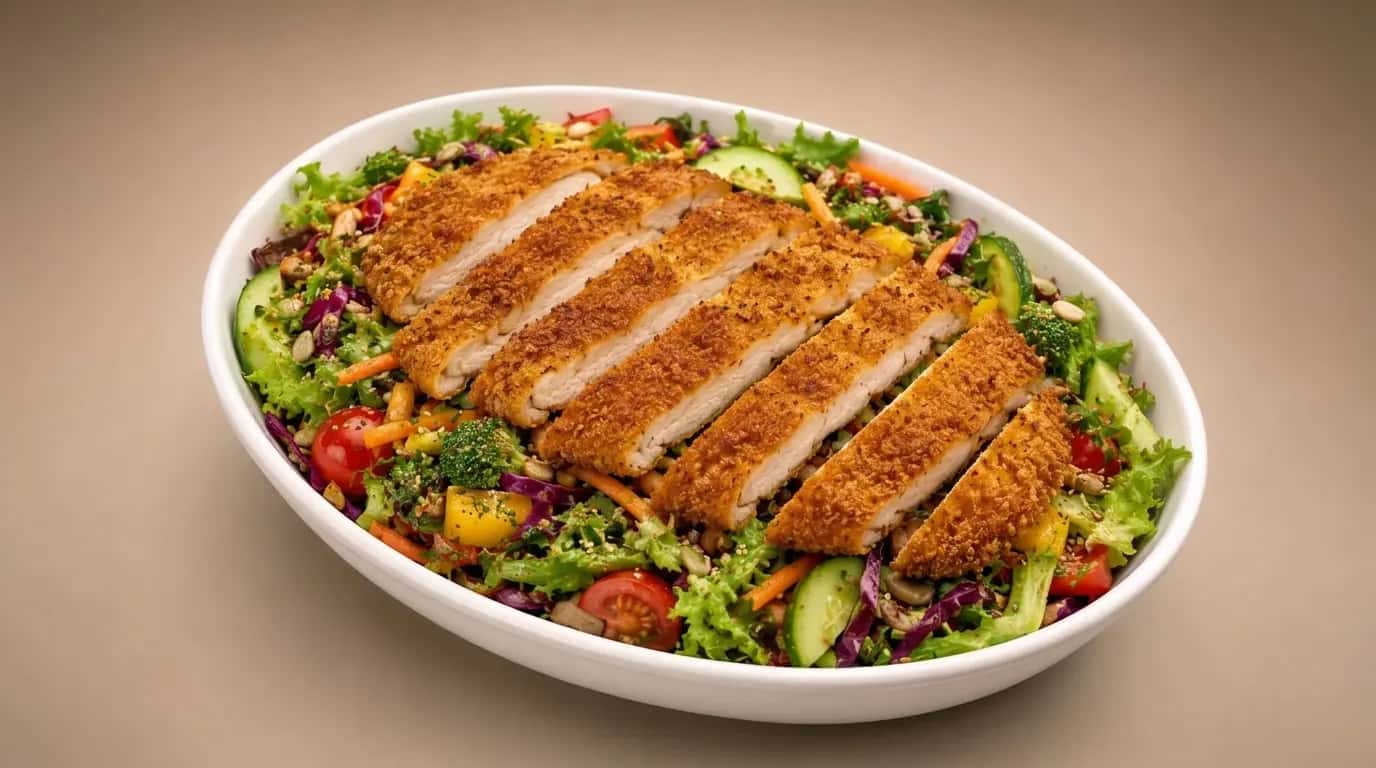 Fresh salad topped with sliced breaded chicken at Moringa Cafe